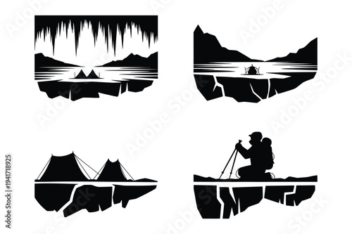 Winter camping scene with tents, ice, mountains, and lone hiker silhou