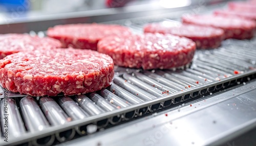 Raw, round hamburger patties are arranged in a neat row on a shiny metal conveyor belt in a food production setting