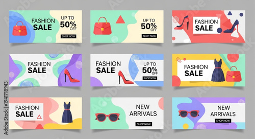 Fashion Sale Banners Collection with Colorful Designs and Discount Offers.