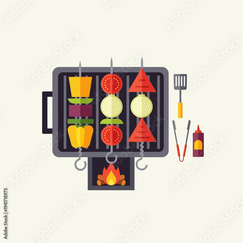 Top-down view of a barbecue grill with vegetable skewers cooking over an open flame, accompanied by grilling tools and a bottle of sauce.