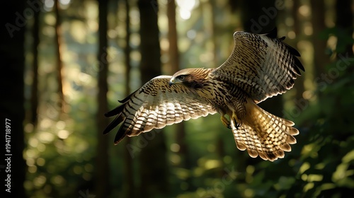 Wallpaper Mural A hawk in flight with its wings spread wide, soaring through a dense forest with tall trees and green foliage. Torontodigital.ca