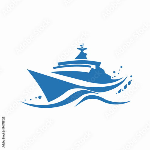 Stylized blue boat silhouette cruising on waves against white background