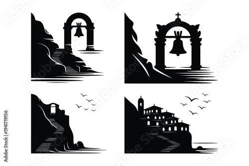 Ancient monastery on cliffside with bell tower and stairs, vector