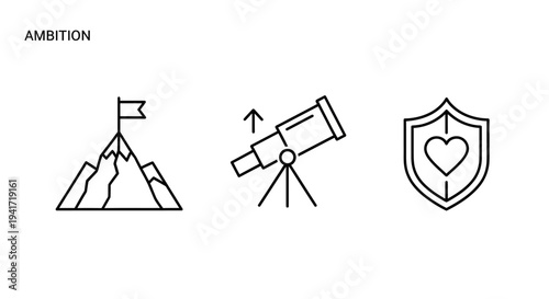 Ambition and success concept with mountain flag telescope and shield icons.