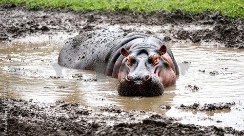 Wallpaper Mural A hippopotamus wading in a muddy waterhole with grassy banks in the background. Torontodigital.ca