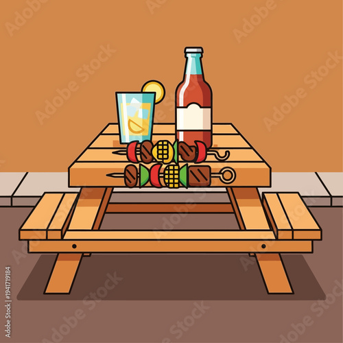 A wooden picnic table outdoors with skewers of grilled meat and vegetables, a glass of lemonade with ice and a lemon slice, and a bottle of drink.