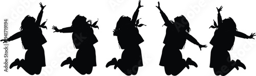 happy school girl jumping silhouettes set, excited student celebration pose illustration isolated on white background youth energy concept