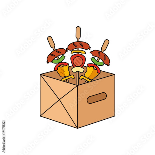 A cardboard box filled with delicious grilled skewers of sausage, vegetables, and peppers, ready for a barbecue.