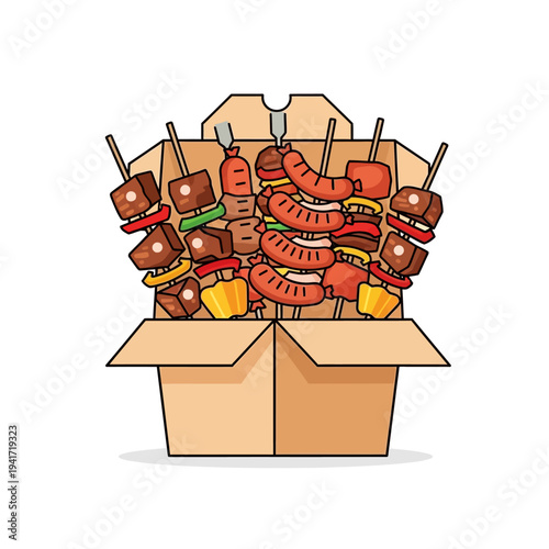 A cardboard box overflowing with a variety of delicious grilled skewers, including meat, sausages, and vegetables, ready for a barbecue.