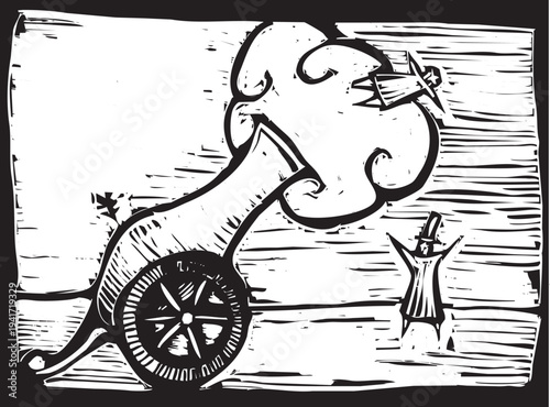 Woodcut style image of a circus with a human cannonball.