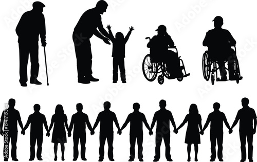 Silhouettes of people of different ages and abilities including those with canes and wheelchairs Keywords: people, silhouette