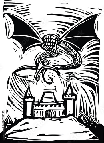 Woodcut style image of a dragon over a castle.