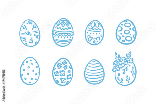 Set of hand drawn Easter eggs with polka dot patterns, stripes, geometric shapes, and floral designs. Whimsical blue line art for holiday greeting card, festive spring decorations, or scrapbooking.