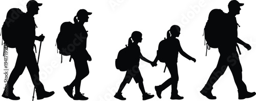 hiking family silhouettes walking with backpacks, outdoor adventure travel concept illustration isolated on white background trekking activity