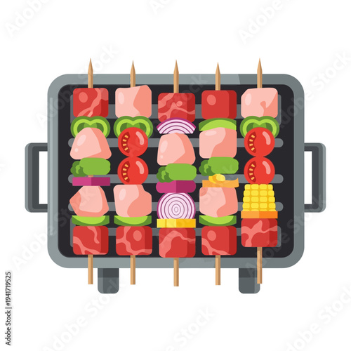 A top-down view of a grill with five skewers of raw meat, vegetables, and corn on the cob.