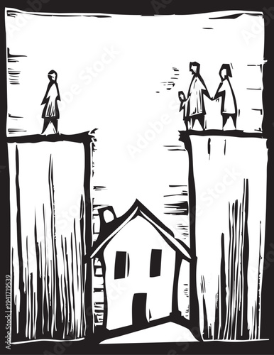 Woodcut image of people standing above a hole in which a house sits.