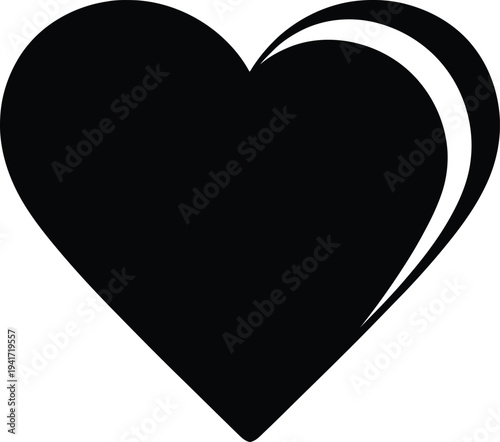Black heart with a subtle curved outline detail on transparency grid background for love