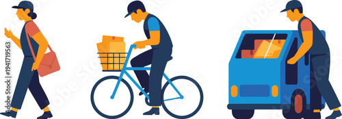 Delivery workers carrying packages on bicycles and trucks in urban settings from a flat design perspective