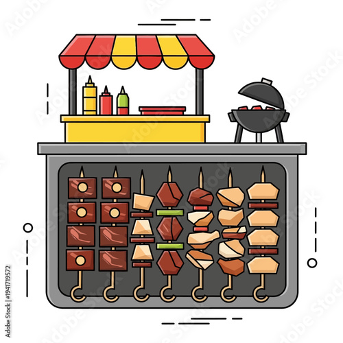 A vibrant illustration of a street food stall featuring a variety of grilled skewers and a barbecue grill.
