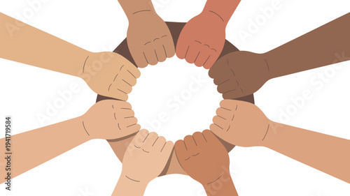 A diverse group of people joining hands in unity and solidarity with a white background