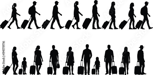 Silhouettes of people with luggage walking and standing Keywords: people, silhouettes, luggage, suitcases, travel, journey