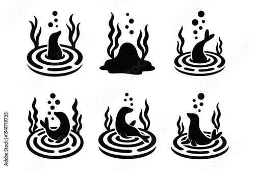 Seal popping head out of water with seaweed and bubbles, icon style