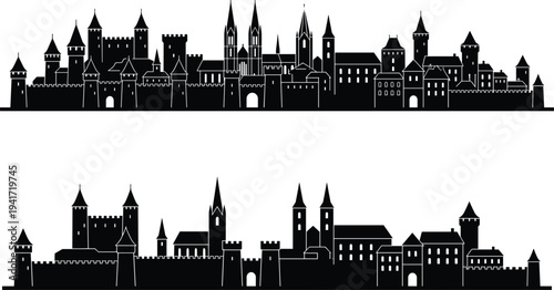 Medieval castle skyline silhouette with towers walls and fortress buildings historic cityscape architecture icon isolated on white background