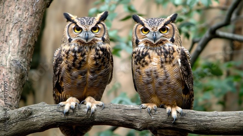 Wallpaper Mural Two owls perched on a tree branch with green foliage in the background. Torontodigital.ca