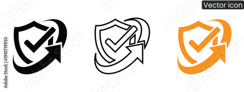Modern shield icons with checkmarks in black, white, and orange, conveying security and approval