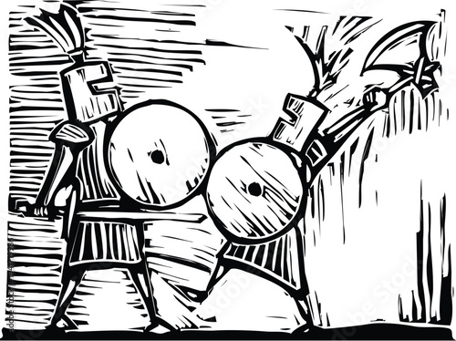 Woodcut style image of two knights in a battle with a sword and ax