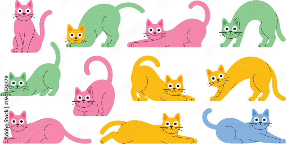 Obraz premium A collection of cartoon cats in various colors and poses displayed in a grid layout