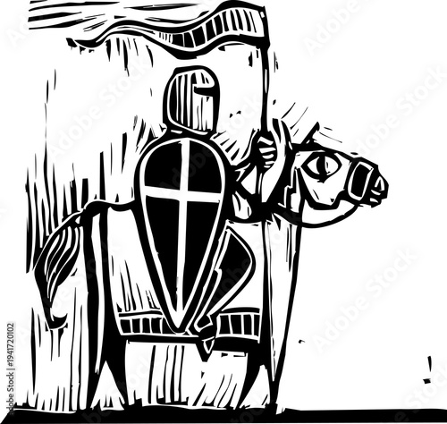 Bild auf Leinwand Woodcut style image of a knight on horseback