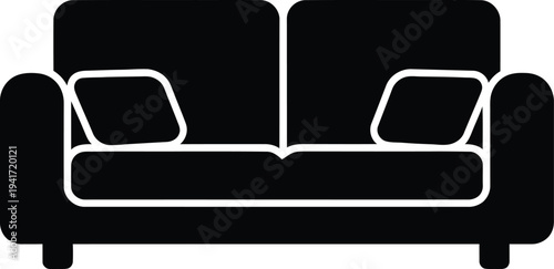 Comfortable living room sofa silhouette icon with cushions for interior furniture branding