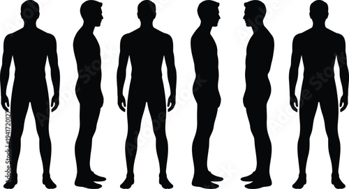 Male body silhouette set, front side back view human anatomy figure, standing man character pose collection isolated illustration
