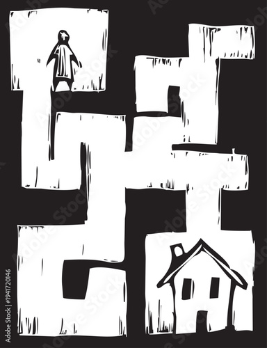 Woodcut style image of a man trying to get through a maze to a house.