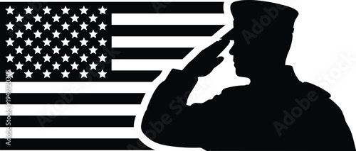 American soldier saluting United States flag silhouette, military patriotism tribute vector illustration isolated on white background for veterans and national holiday design