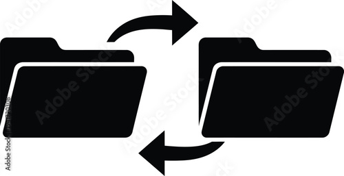 Data exchange icon, file transfer symbol, folder synchronization sign, black flat style illustration