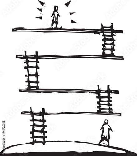 Woodcut style image of people climbing ladders to platforms.