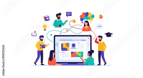 Digital Education and Content Creation Team Collaboration. E-learning platform, knowledge sharing, and online tutorial concept vector illustration.