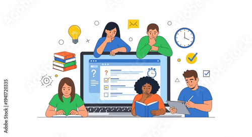Diverse Students Online Studying and Taking Quiz on Laptop. Teamwork, E-learning, Knowledge Assessment, and Exam Preparation Concept Illustration.