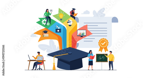 Academic Success Path Illustration: Education, Graduation, Skill Development, and Certification Journey