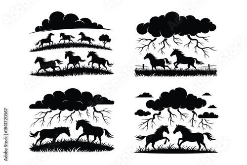 Running horse silhouette with stormy clouds vector art