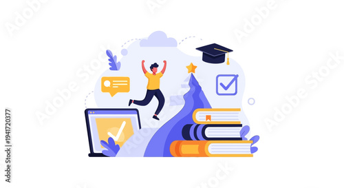 Online Education Success, Achievement, and Graduation. Happy Student Jumps Over Challenges to Reach Academic Goal.