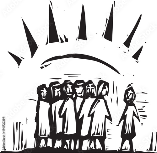 Woodcut image of a small group of people singing or yelling. 