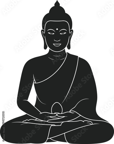 Buddha meditation silhouette seated in lotus pose, spiritual Buddhist statue vector illustration isolated on white background for yoga, mindfulness and religion design