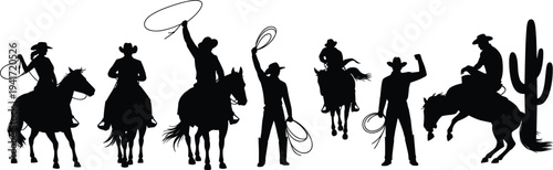 Set of black silhouettes featuring cowboys and cowgirls riding horses with lassos and cactus elements isolated on white background for western design.