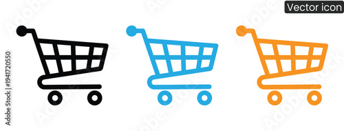 Modern shopping cart icons in black, blue, and orange for e-commerce and business projects