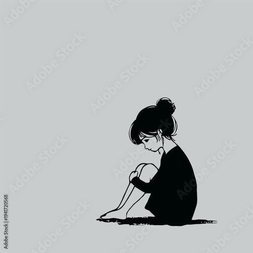 Image shows a pensive girl in simple cartoon silhouette on plain background, expressing solitude and emotion as a concept of introspection