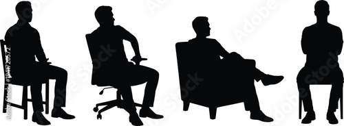 men sitting chair silhouette collection, business people seated poses set, office worker sitting positions illustration isolated on white