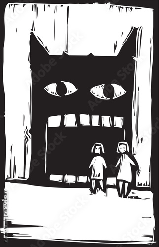 Woodcut style image of two children with a giant monster behind them getting ready to eat them